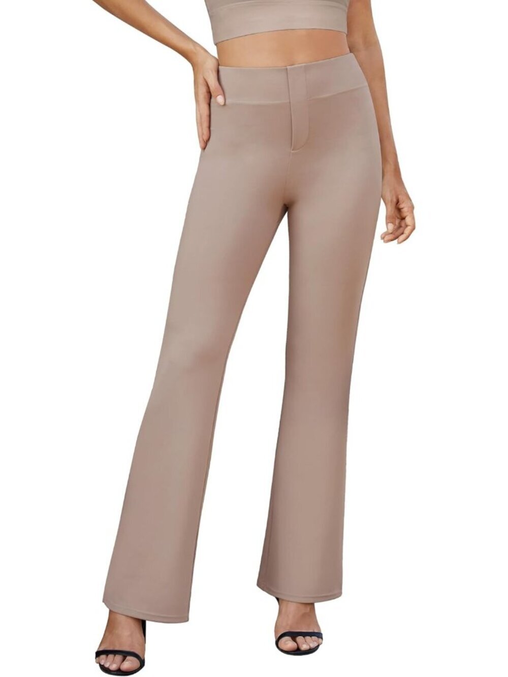 Women's Light Coffee High Waist Stretchy Casual Elastic Bootcut Dress Pants - Picture 2 of 5